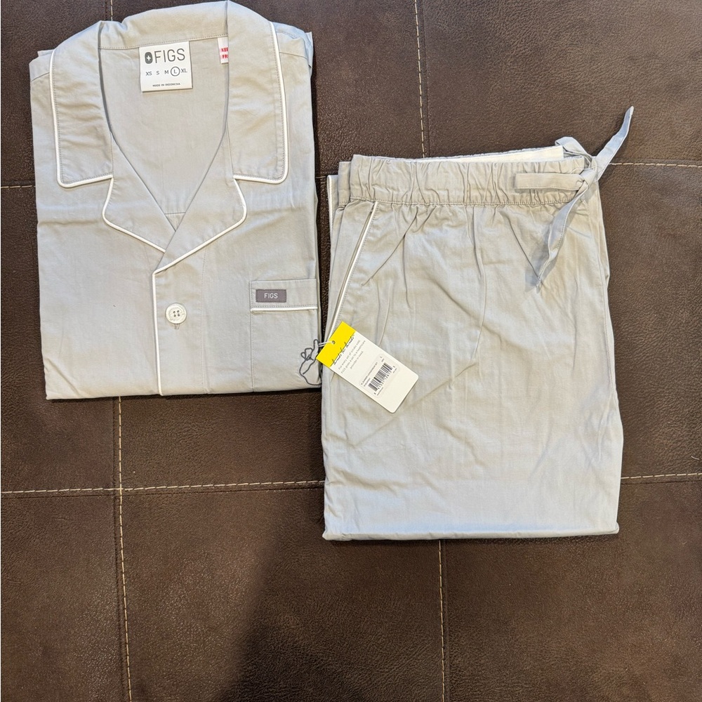 Figs Light Gray Pajama Set with White Accents NWT